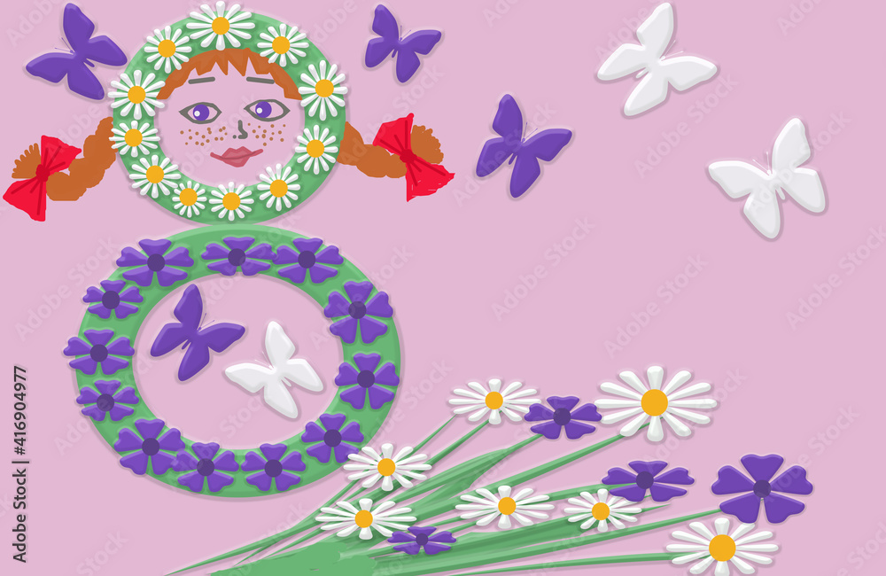 Obraz premium 3 D - rendering. On a pink background Number 8 in flowers. In the upper circle is the face of a red-haired girl with freckles. Nearby lies a bouquet of flowers and butterflies fly.