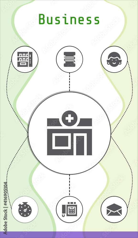 business editable infographic template with icons of Email, Pharmacy, Vending machine, Fishing line, Stopwatch, Fax, Avatar business editable infographic template with icons of Email, Pharmacy, Vending machine, Fishing line, Stopwatch, Fax, Avatar