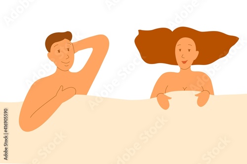 Flat style portrait. Couple in bed. Naked man and woman under the blanket. 