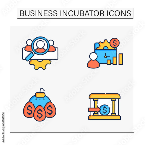 Business incubator color icons set. Startup company. Marketing assistance, tax declaration. Startup agreement. Profitable investment. Isolated vector illustrations