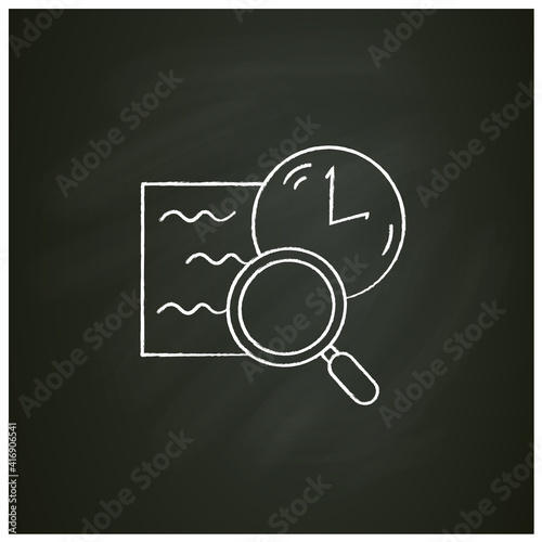 Comprehension chalk icon. Slow reading with magnifier and clock linear pictogram. Attention tracking, information absorption and tracking lack of attention. Isolated vector illustration on chalkboard
