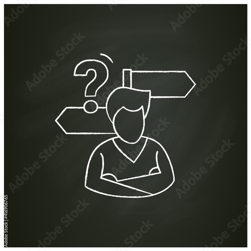 Decision making chalk icon. Person avatar with two road signs and question. Concept of mind concentration difficulties, deciding trouble. Isolated vector illustration on chalkboard