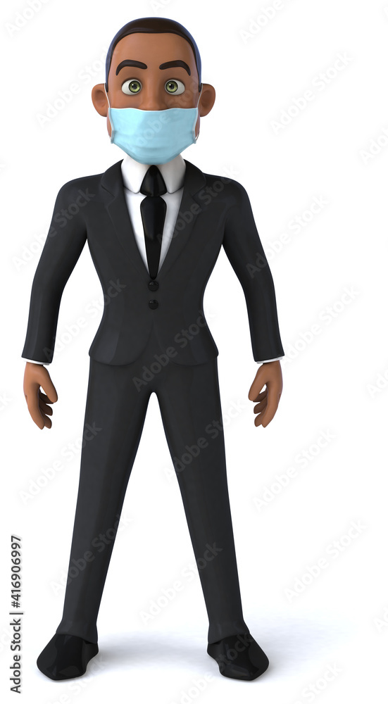 Fun 3D illustration of a black business man with a mask Fun 3D illustration of a black business man with a mask
