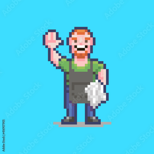 colorful simple flat pixel art illustration of smiling worker in an apron with a white towel on his hand