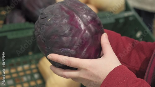 Women hands in the store, choose an fresh, ripe purple cabbage. Close up shot. The concept of shopping, vegetarianism, consumption of vegetables and vitamins