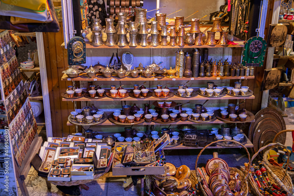Fototapeta premium Sarajevo beautiful and colourful bazaar for tourists - shop with souvenirs from Bosnia, Balkans