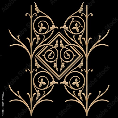 3d illustration of golden floral ornaments on black background