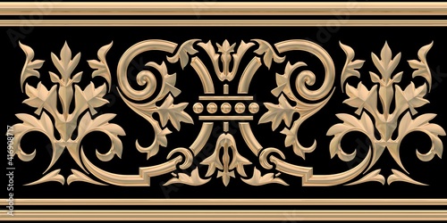 3d illustration of golden floral ornaments on black background