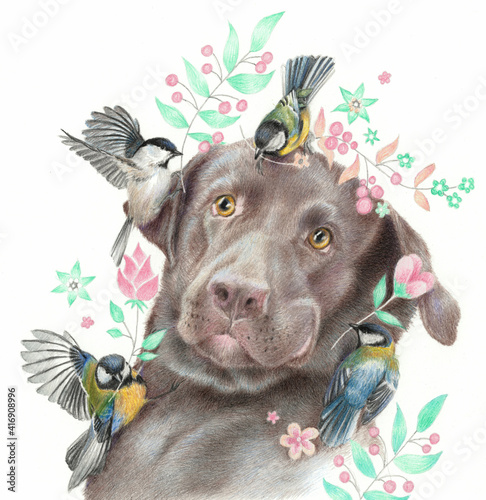 Surprised Labrador and little birds. Realistic drawing of a dog and titmice isolated on a white background. Sketch colored pencils.