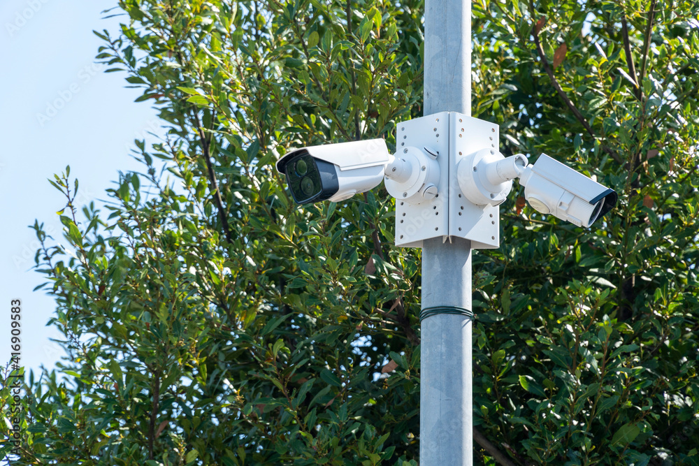 Security systems and alarm technology concept: Two CCTV cameras hanging on an outdoor pole and recording. Digital surveillance. High safety protection cam and video. Green tree at background Security systems and alarm technology concept: Two CCTV cameras hanging on an outdoor pole and recording. Digital surveillance. High safety protection cam and video. Green tree at background