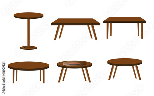 Round wooden table and rectangular wooden table on isolated white background