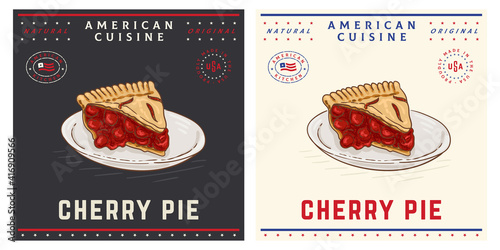 Cherry pie a piece of cake on plate tasty retro illustration