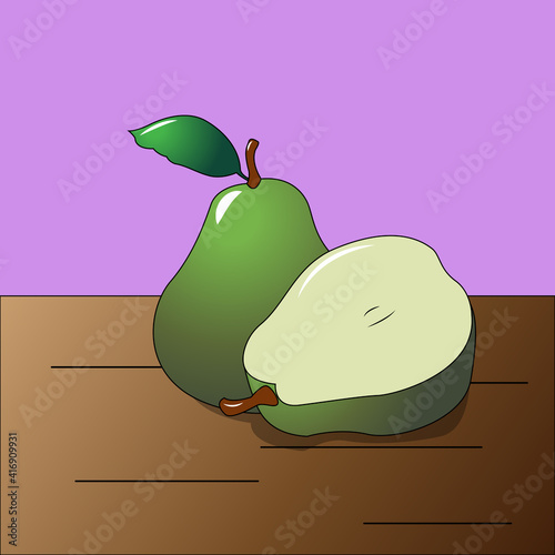 Green pear with leaf on a brown table.