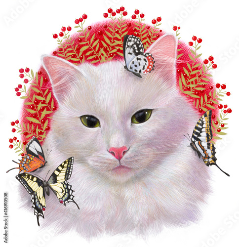 Realistic color portrait of a white cat with floral ornaments and butterflies. Drawing on a white background.