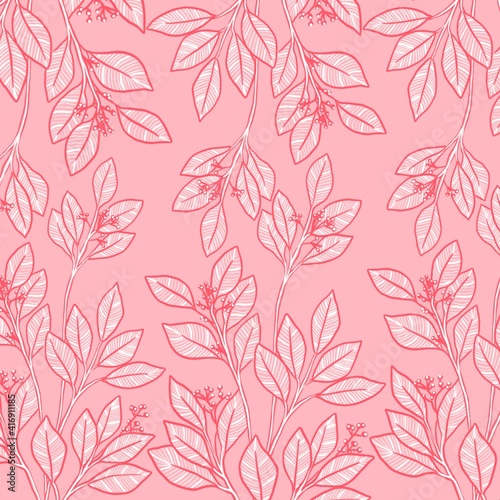 A pattern of contour red leaves on a delicate pink background. Trendy illustrated vector drawing for corporate identity, stationery, packaging and wallpaper. Minimalistic floral background.