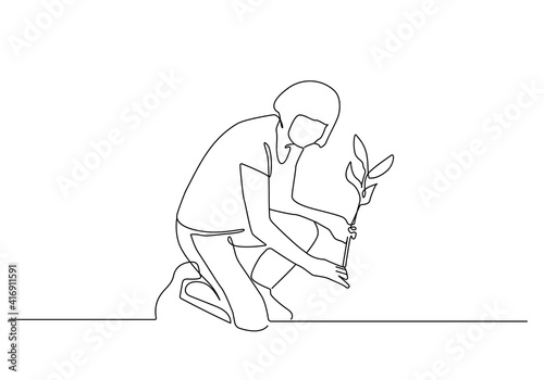 Woman Plants Flowers Continuous Line Drawing. Gardening Works Concept. Ecology. Woman with Flower One Line Illustration Minimalist Contour Drawing. Vector EPS 10.