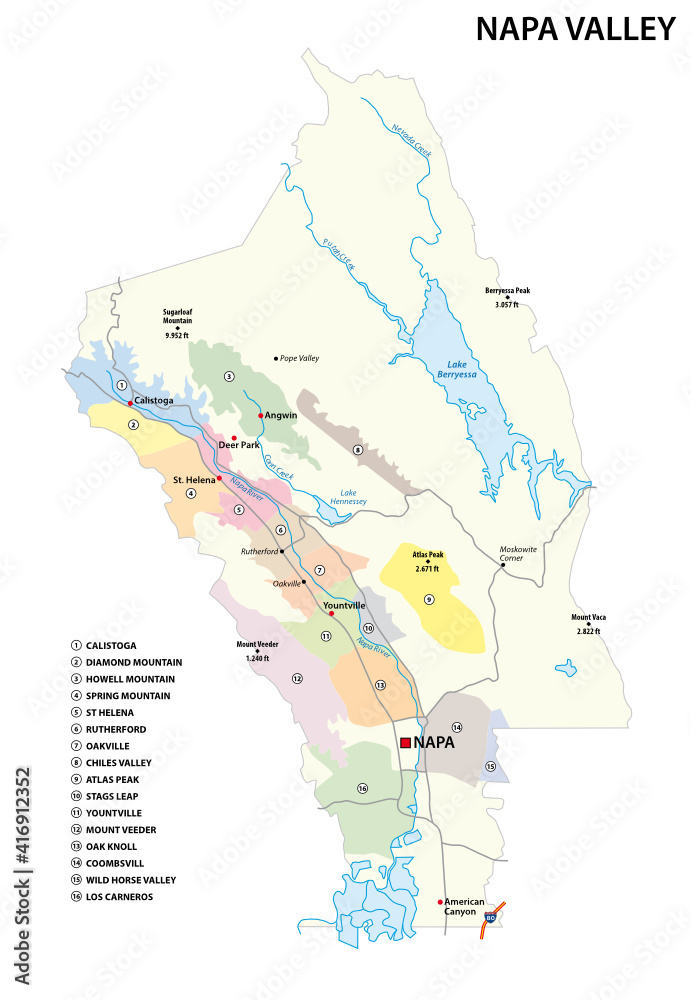 Obraz premium Vector map of wine growing regions in Californias Napa Valley District, United States