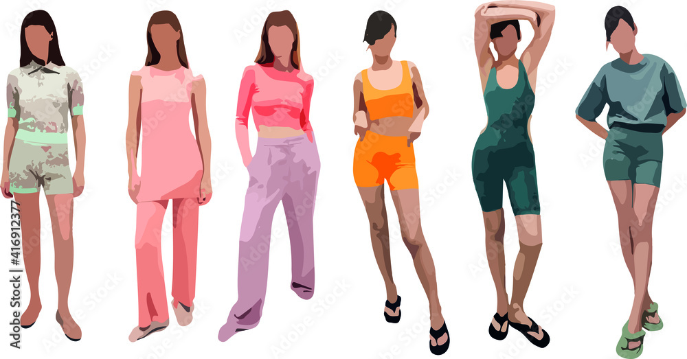 Set of women standing and wearing sport pants, in various poses, cartoon character, people, business, group, vector silhouette, flat design icon, different colors, isolated on white background Set of women standing and wearing sport pants, in various poses, cartoon character, people, business, group, vector silhouette, flat design icon, different colors, isolated on white background