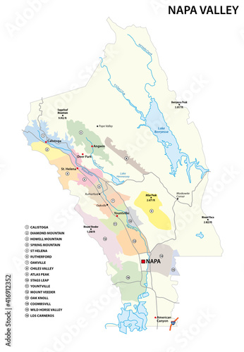 Vector map of wine growing regions in Californias Napa Valley District, United States