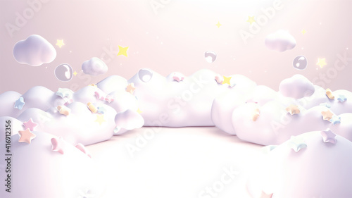 3d render soft dreamy pastel stars and clouds.