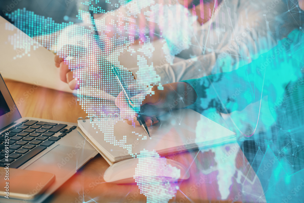 Double exposure of forex chart drawing over people taking notes background. Concept of financial analysis Double exposure of forex chart drawing over people taking notes background. Concept of financial analysis