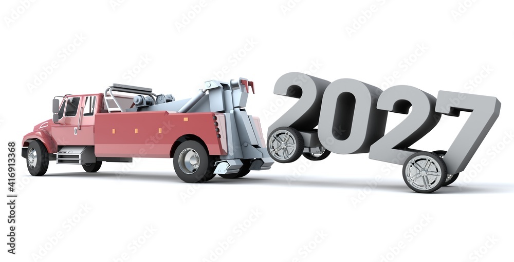3D illustration of truck towing the number 2027 with wheels