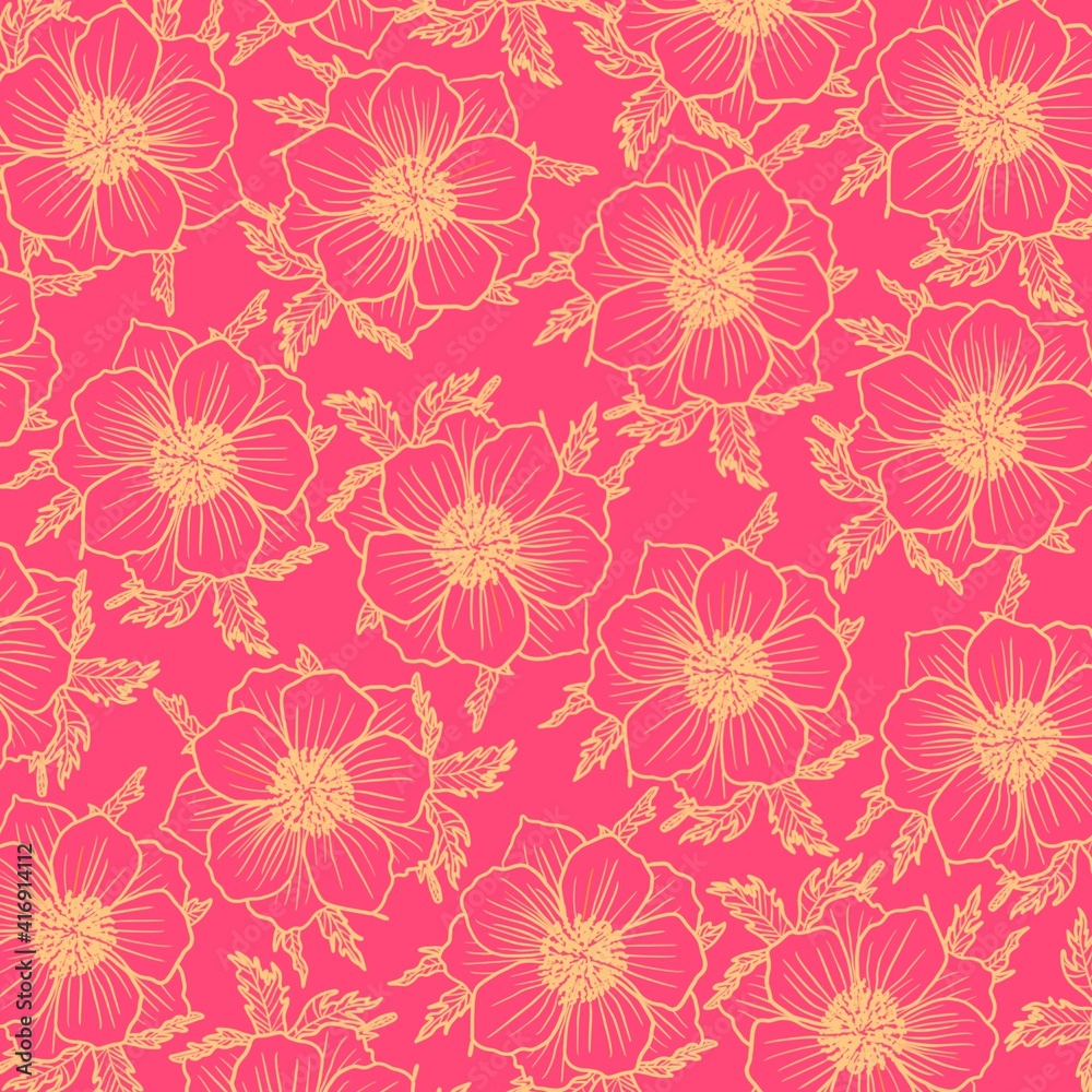 A pattern of yellow contour flowers on a pink background. Trendy illustration template for corporate identity, stationery, packaging and wallpaper. Minimalist floral background. A pattern of yellow contour flowers on a pink background. Trendy illustration template for corporate identity, stationery, packaging and wallpaper. Minimalist floral background.