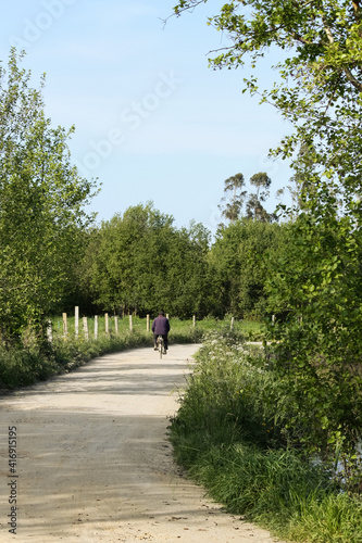 An old man riding a bike on a pedestrian path through green fields