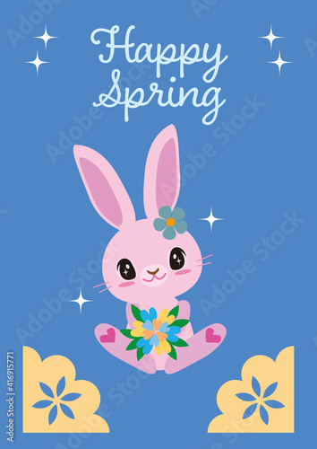 Happy Spring Cute Girly Rabbit with Flower Card