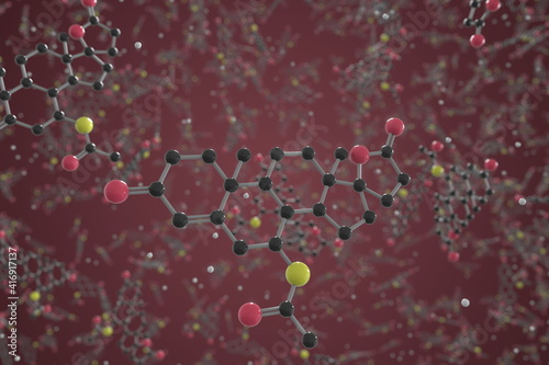 Molecule of Spironolactone. Molecular model, science related 3d rendering