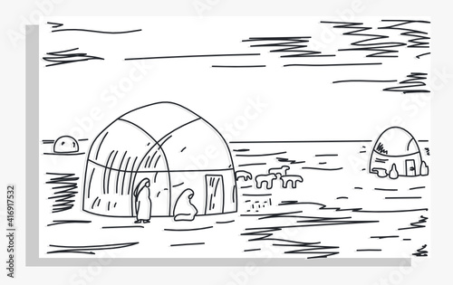 outline simple sketch Pavel Kuznecov everyday life in yurt