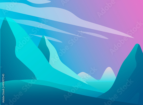 Beautiful landscape with blue mountains  clouds and pink sky. Abstract gradient background  vector illustration.