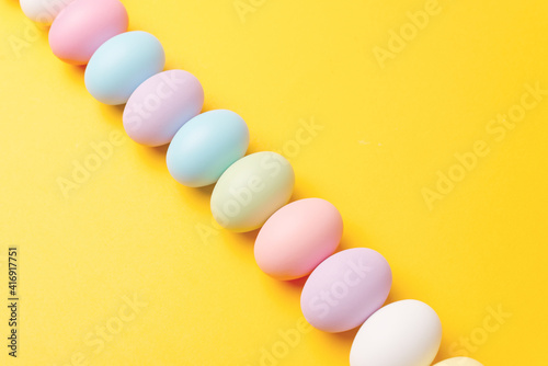 Photo of decorated easter eggs over yellow background.