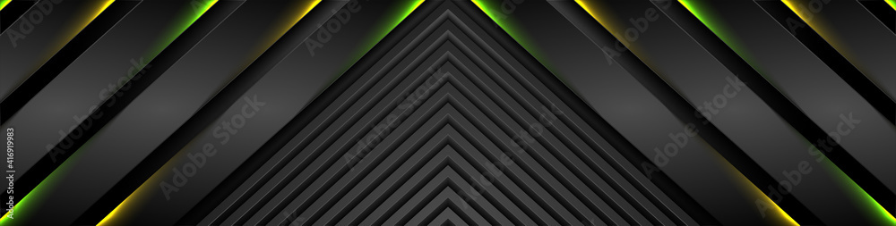Fototapeta premium Abstract black stripes with green orange neon glowing light. Vector technology banner design