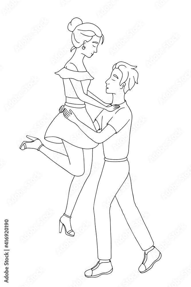 Young man and woman couple dancing. Couple in hand-drawn style vector illustration 