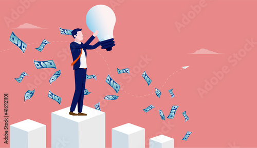 Successful entrepreneur - Businessman on top of graph holding light bulb earning lots of money. Self made millionaire concept. Vector illustration.