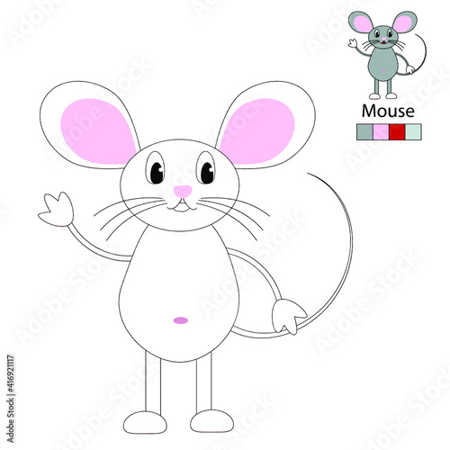 Coloring. Mouse. For fun leisure activities for children aged 2 and over. Baby development. Gray, pink, red.