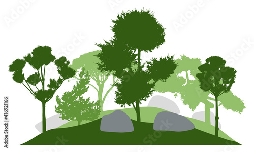 Fototapeta Naklejka Na Ścianę i Meble -  Silhouette of  garden with decorative trees. Beautiful coniferous trees. Vector illustration.