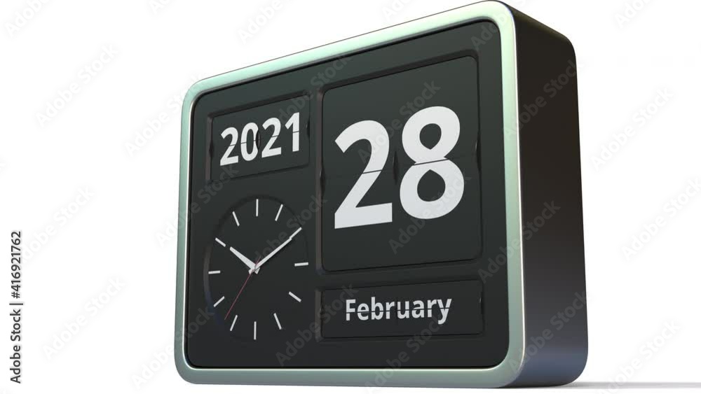 February 28 date on the flip clock calendar, 3d animation February 28 date on the flip clock calendar, 3d animation