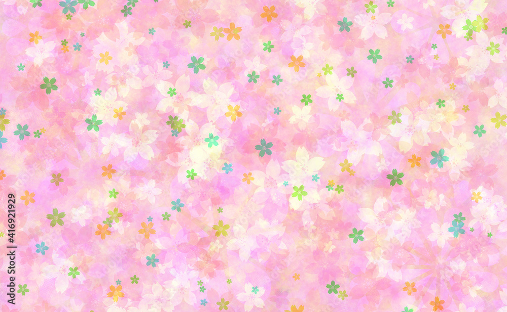 桜の花がちらばる背景画像、ピンクと緑、かわいい色 桜の花がちらばる背景画像、ピンクと緑、かわいい色