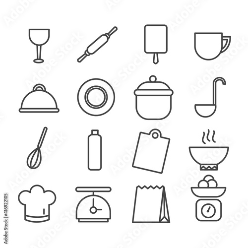 Set of minimal kitchen tools or cooking icon isolated modern outline on white background