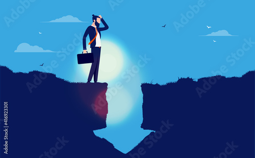 Business problem - Businessman facing adversity, standing on edge of gap formed as downwards pointing arrow. Vector illustration.