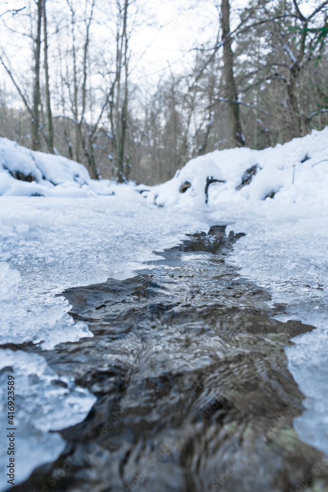 Water flowing in partially frozen creek Water flowing in partially frozen creek