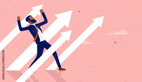 Ethnic businessman standing with raised hands and arrows pointing up. Career growth and success concept. Vector illustration.