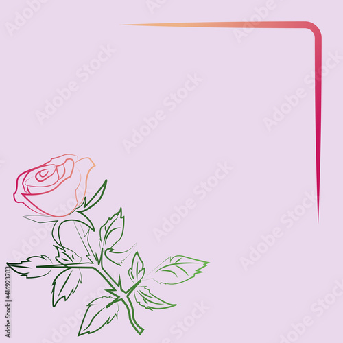 Congratulations card background with line art pink rose with green leaves.
