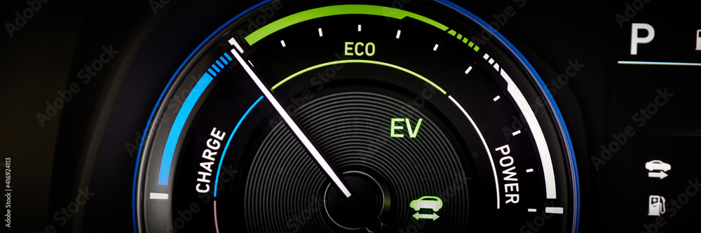 Fuel consumption efficiency indicator in a hybrid car - obrazy, fototapety, plakaty 