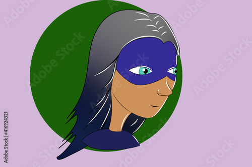 Girl superhero with grey-blue hair and blue mask.