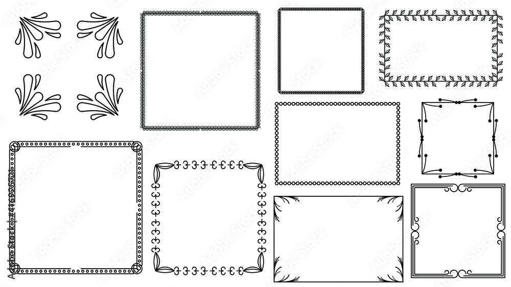 Set Black Simple Line Frame Collection Doodle Square Floral Frame Elements Vector Design Style Sketch Isolated Illustration For Banner