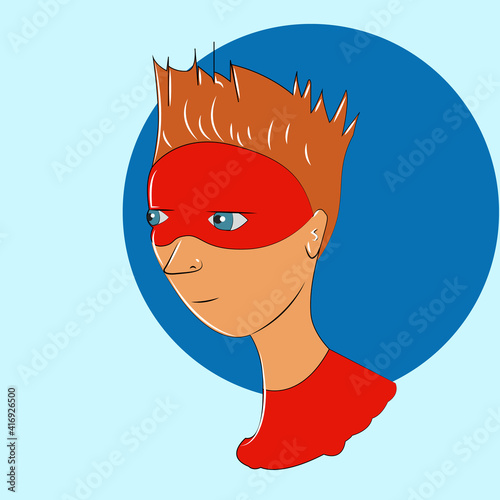 Superhero boy with a red mask and brown-orange hair.