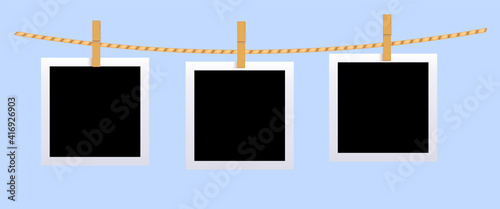 Square black blank photo set mockup hungled on string. Realistic empty template for collage with clothespin on white frame.